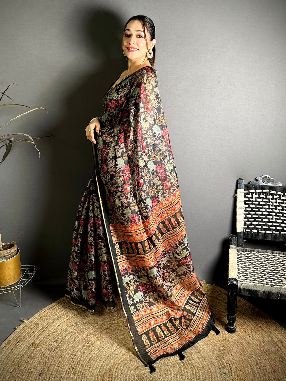 Black Kota Doriya Kalamkari Print Saree