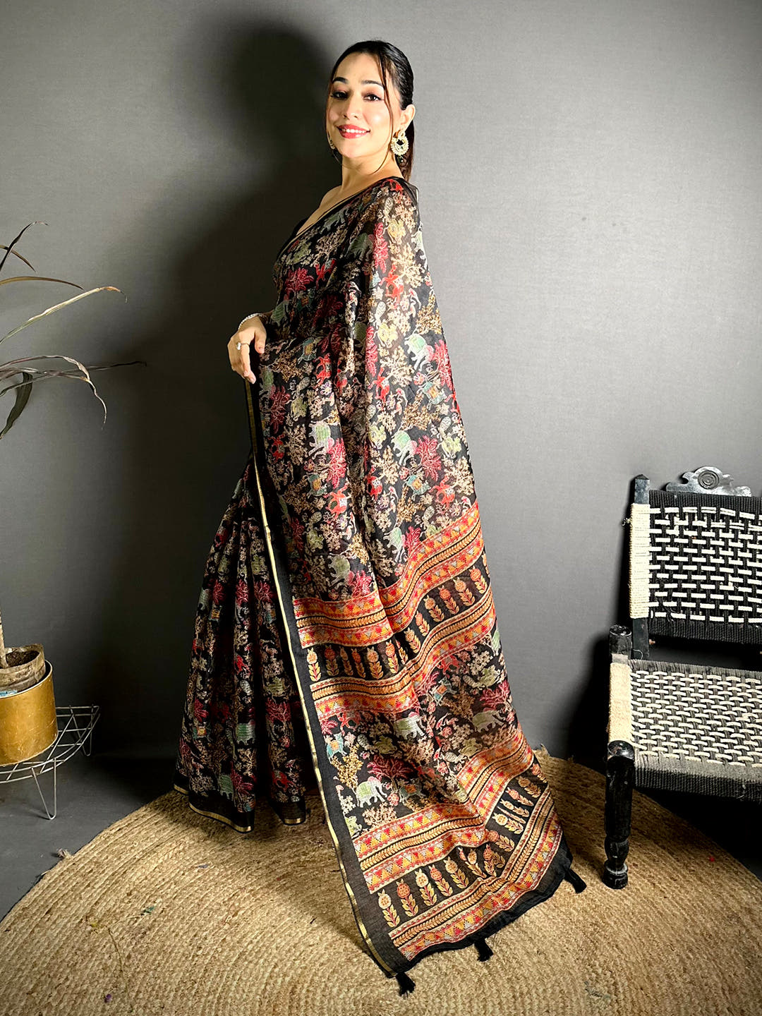 Black Kota Doriya Kalamkari Print Saree