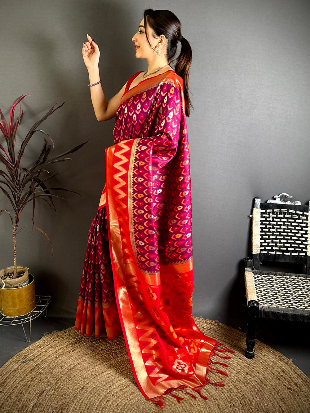 Maroon Double Ikkat Soft Silk Saree