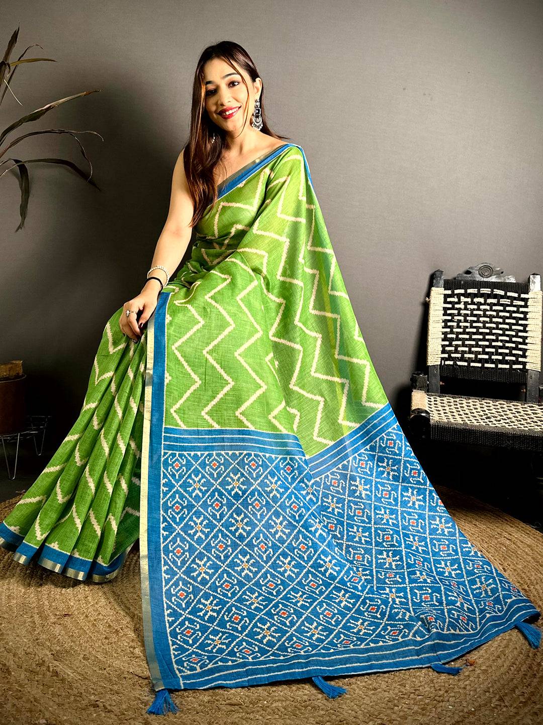 Exclusive Green Ikkat Print Linen Saree