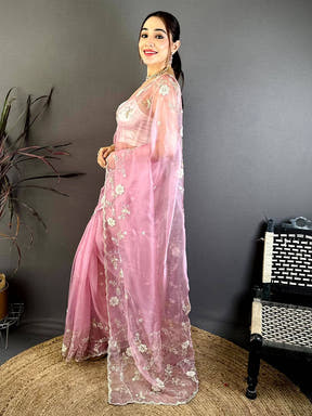 Pink Pearl Work Glass Organza Saree