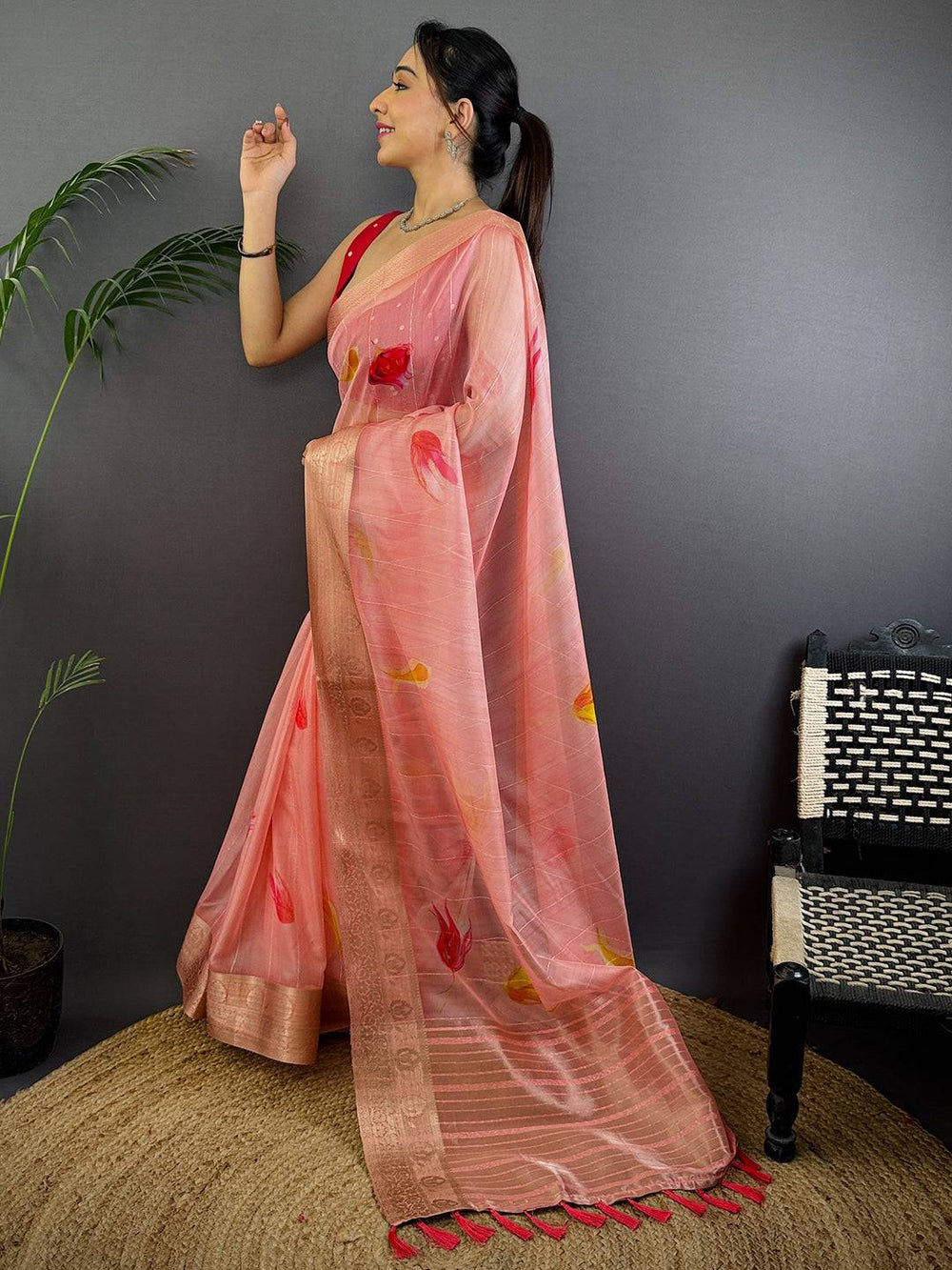 Blush Pink Soft Organza Digital Print Saree