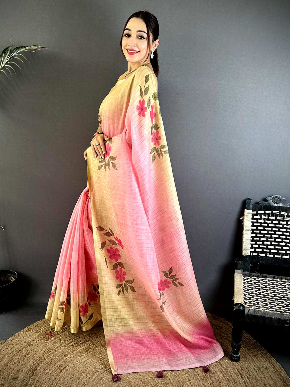 Regal Soft Linen Gold Zari Floral Saree