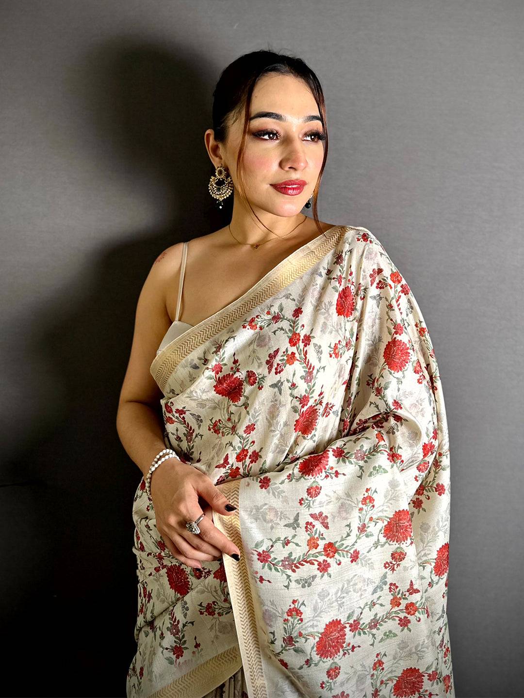 Stylish Red Rose Floral Print Tussar Saree