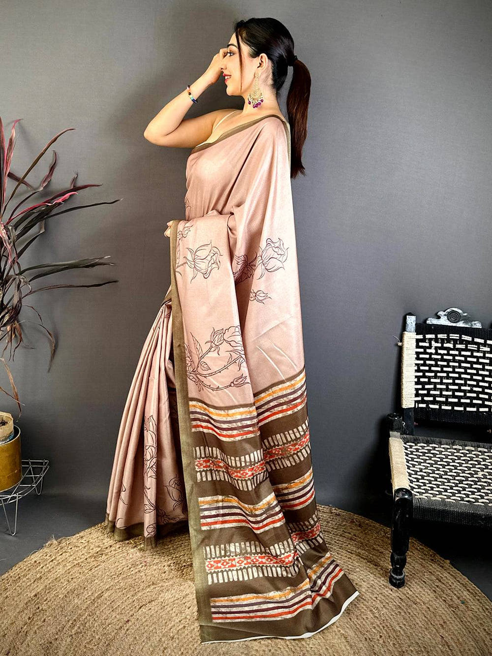 Classic Floral Block Print Tussar Saree