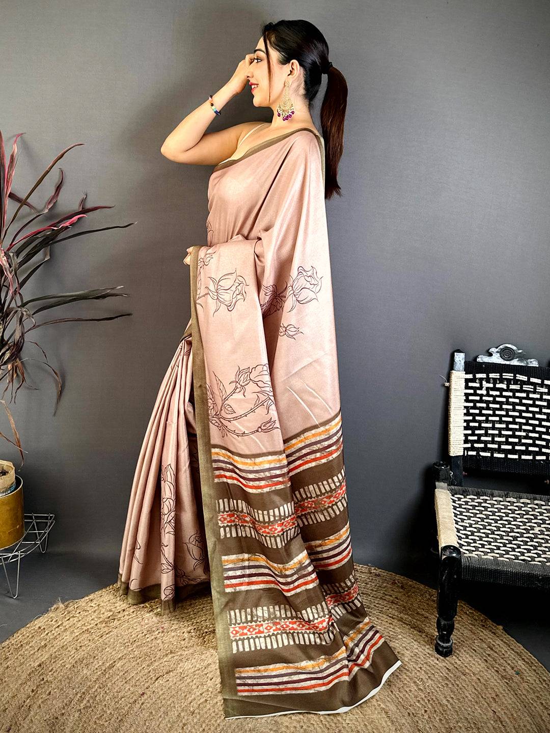 Classic Floral Block Print Tussar Saree
