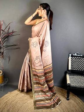 Classic Floral Block Print Tussar Saree