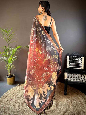 Red Kalamkari Block Print Chanderi Saree