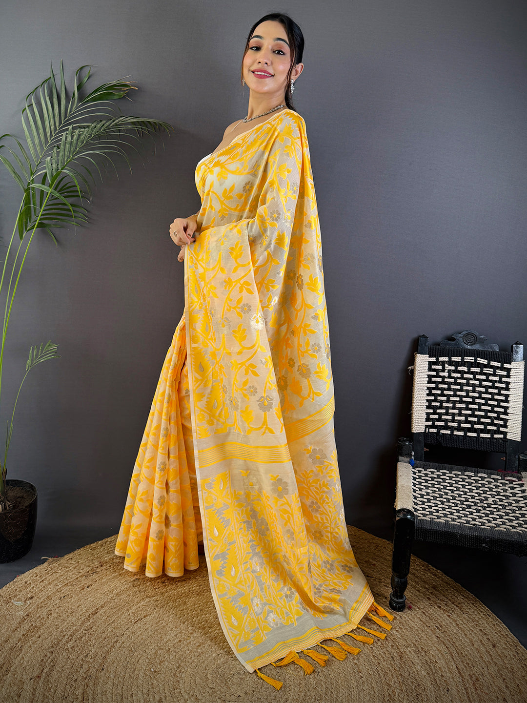 Yellow Soft Cotton Silk Jamdani Vally Saree