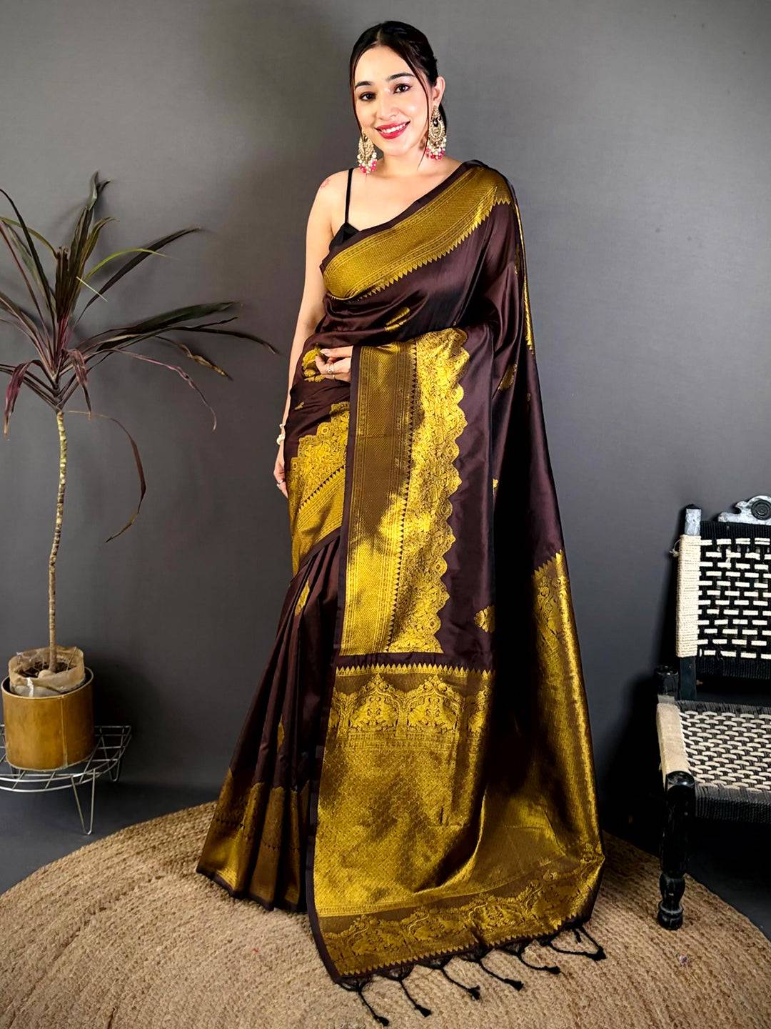 Chocolate Brown Soft Silk Ethnic Motif Saree