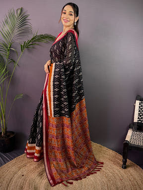 Black Pure Cotton Viscose Ikkat Print Saree
