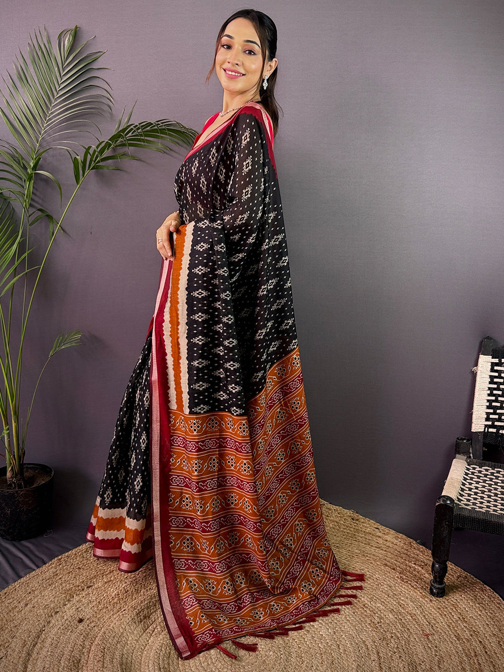 Black Pure Cotton Viscose Ikkat Print Saree