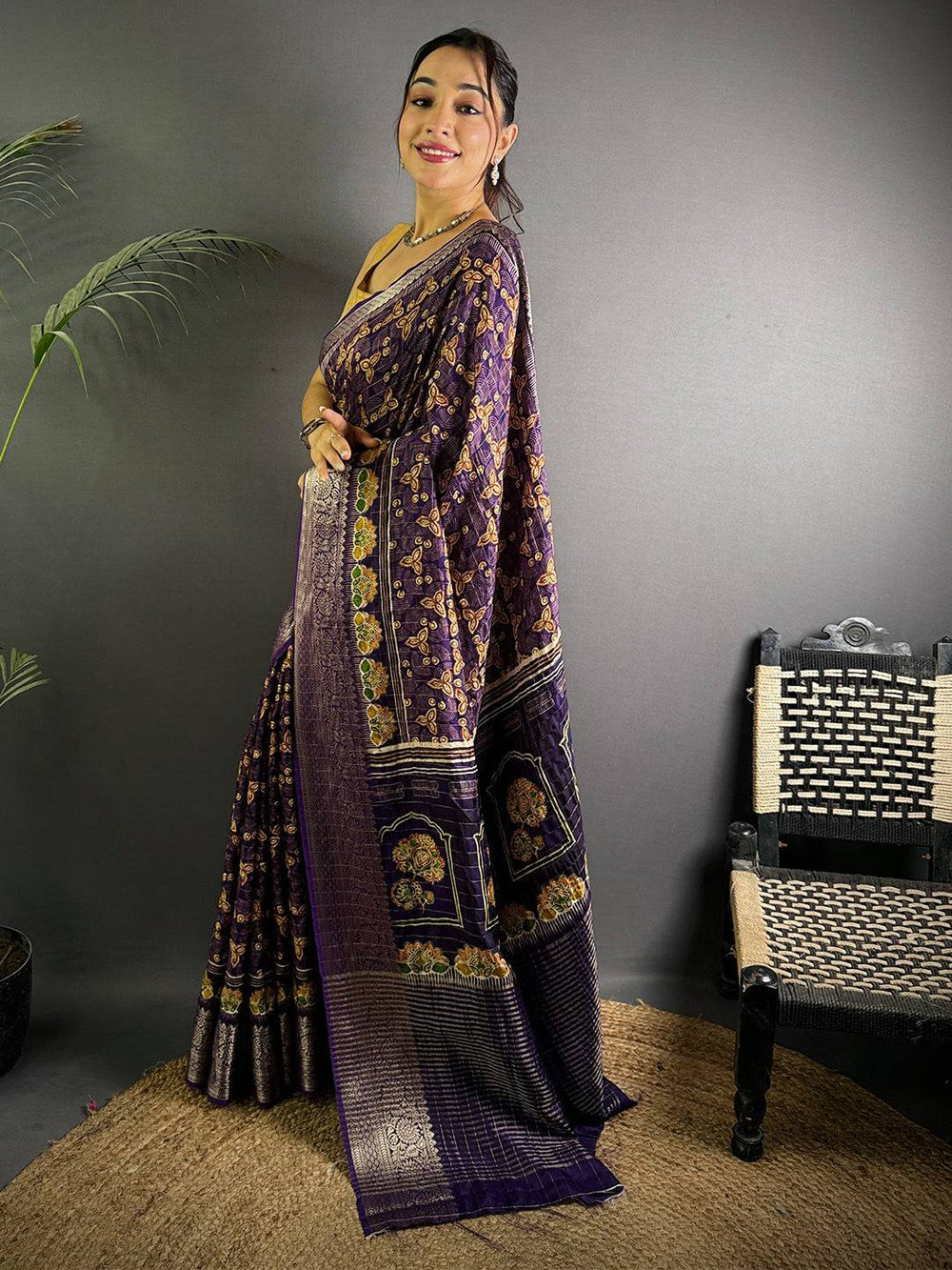 Royal Purple Ajrak Print Viscose Saree