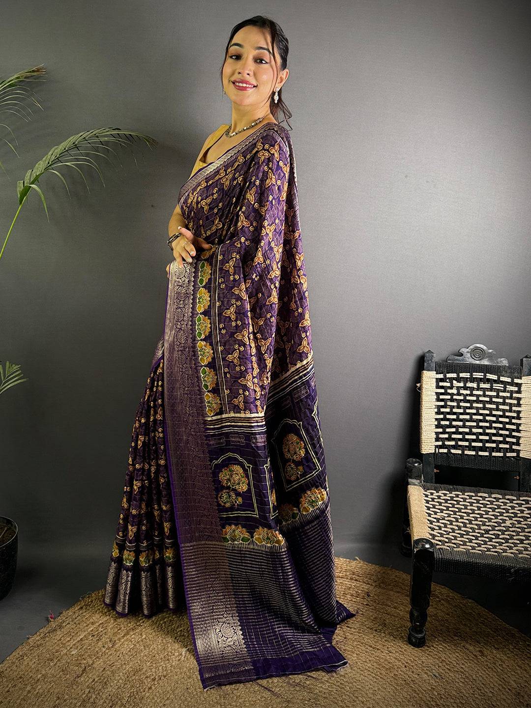 Royal Purple Ajrak Print Viscose Saree
