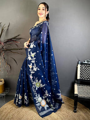 Classic Dark Shade Floral Katan Silk Saree
