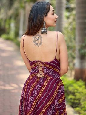 Back view of Wine Bandhej Printed Dress with lace detail