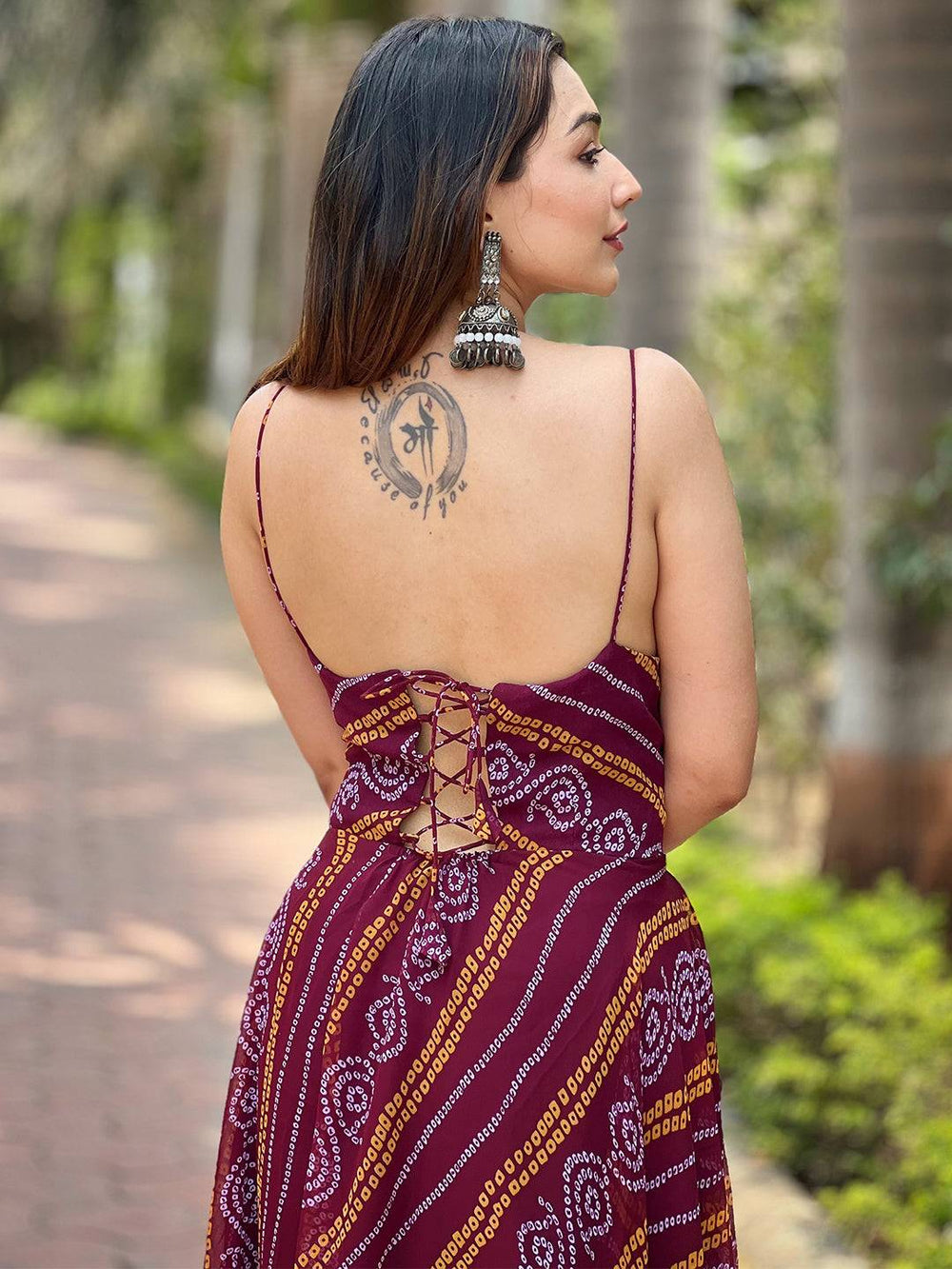 Back view of Wine Bandhej Printed Dress with lace detail
