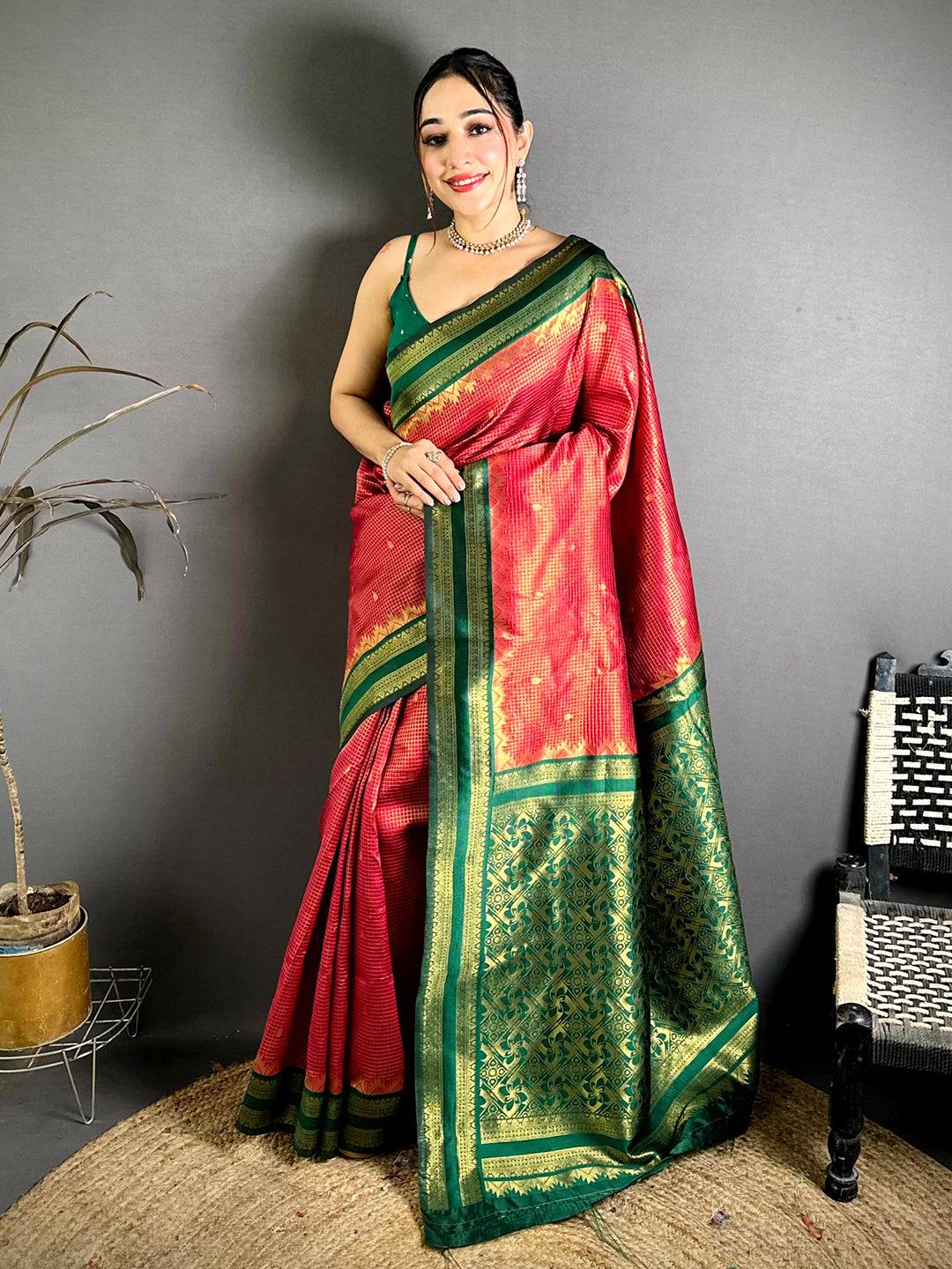 Red Banarasi Katan Silk Gadwal Zari Saree