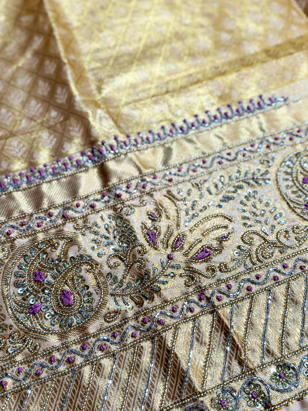 Blush Pink Golden Threadwork Dharmavaram Saree With Maggam Blouse