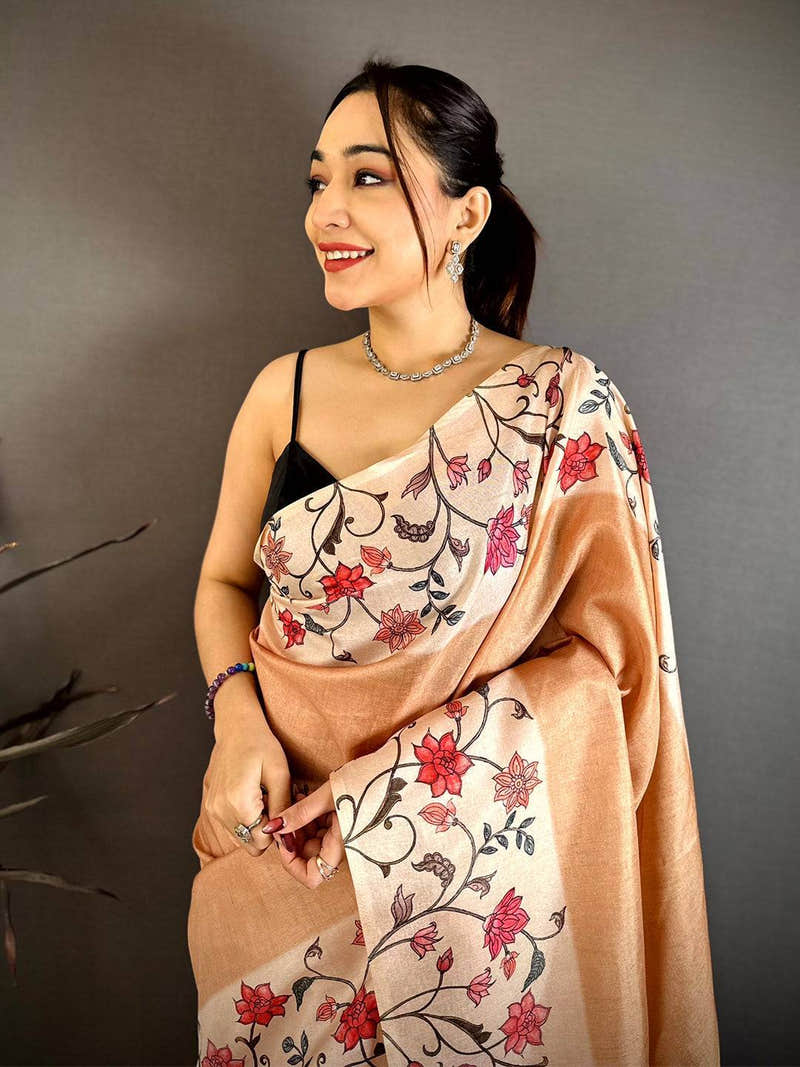 Artistic Floral Border Tussar Saree