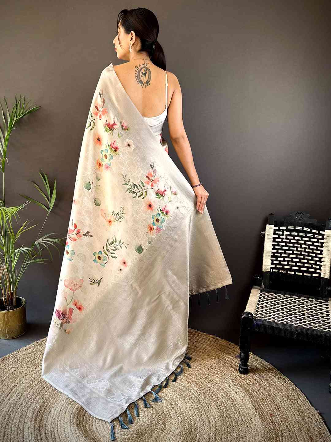 Light Beige Kanjivaram Digital Silk Saree