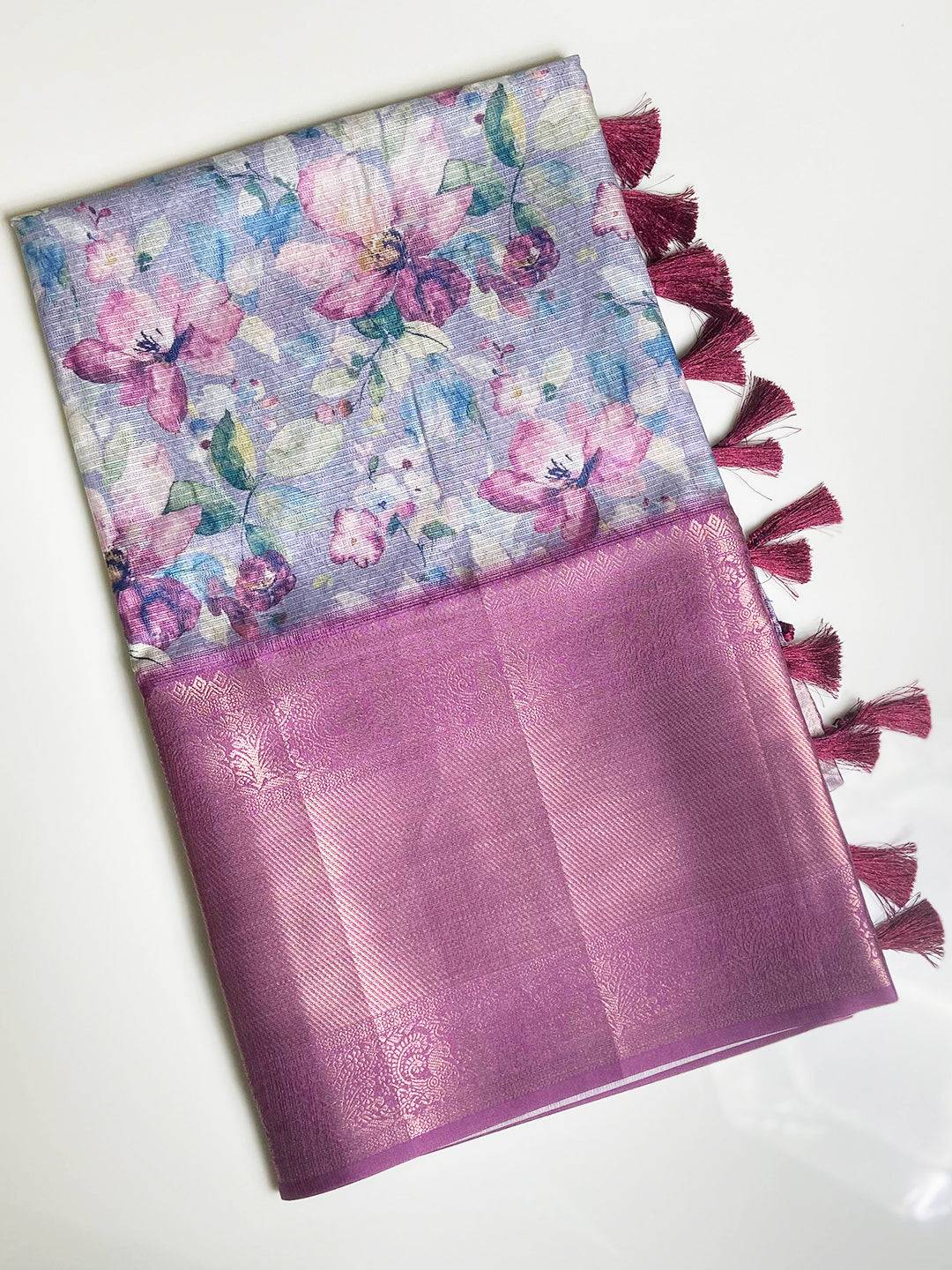 Lavender Kota Doriya Saree Flower Digital Print With Zari Pattu Border