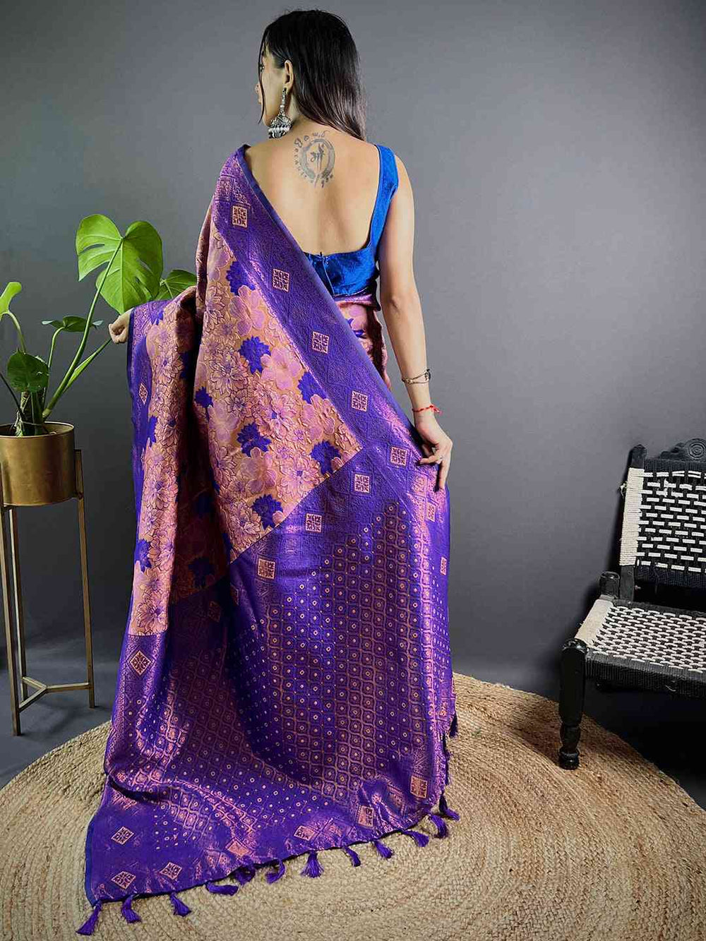 Back view of violet soft silk butta weaving saree.