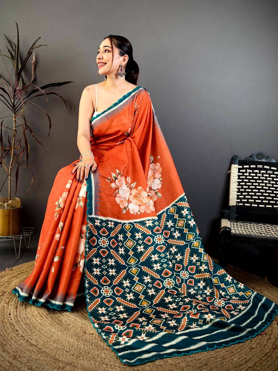 Vermilion Orange Tussar Ikkat Patola Saree

