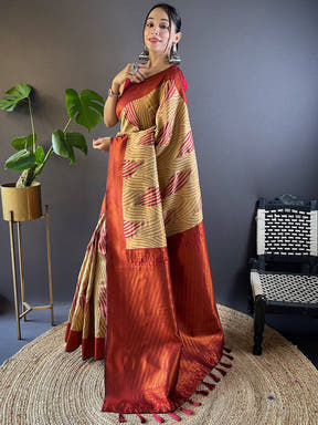 Tan Brown Tussar Silk Zari Weaving Ikkat Saree

