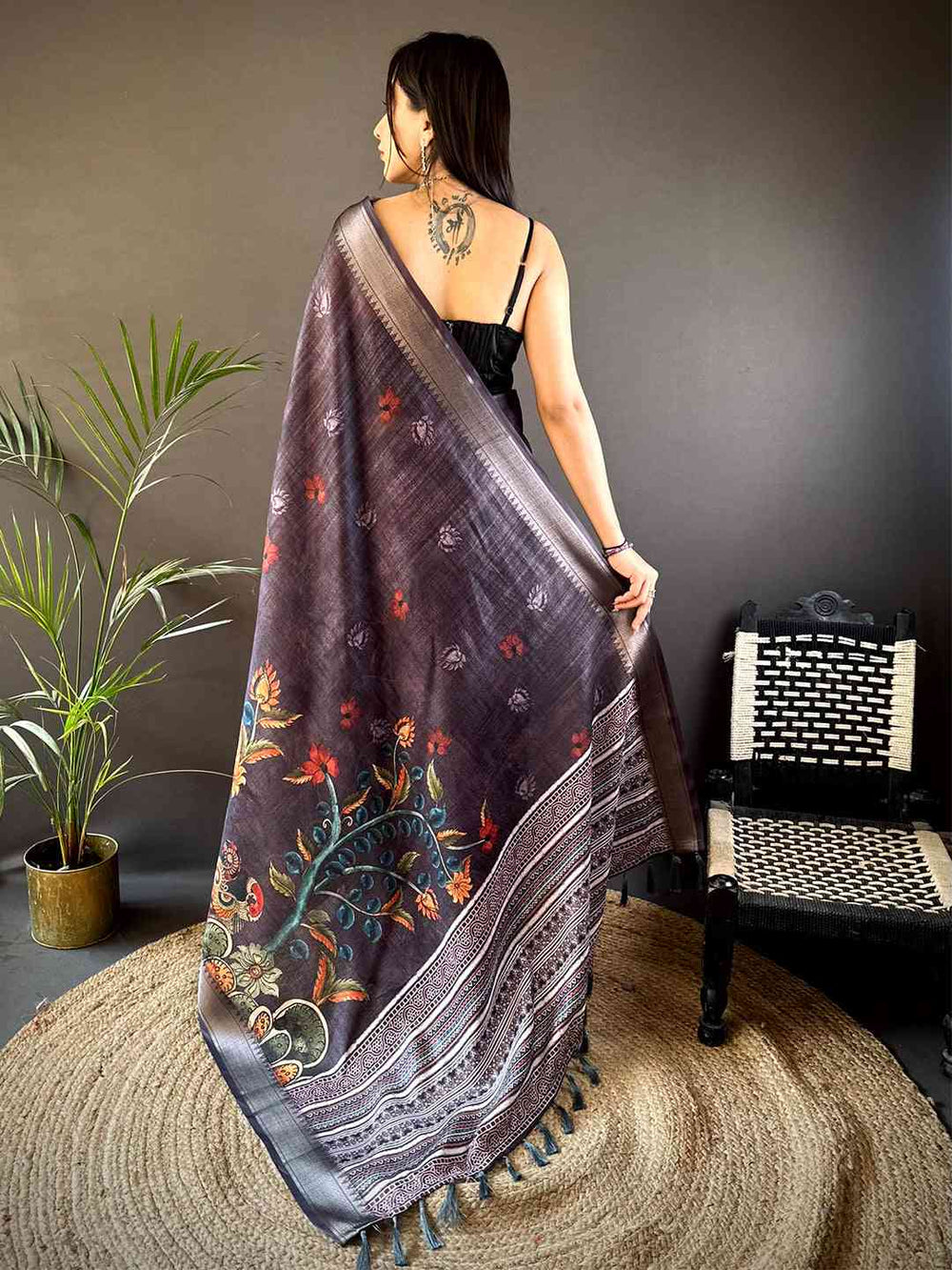 Dark Grey Kota Doriya Zari Weave Digital Print Saree