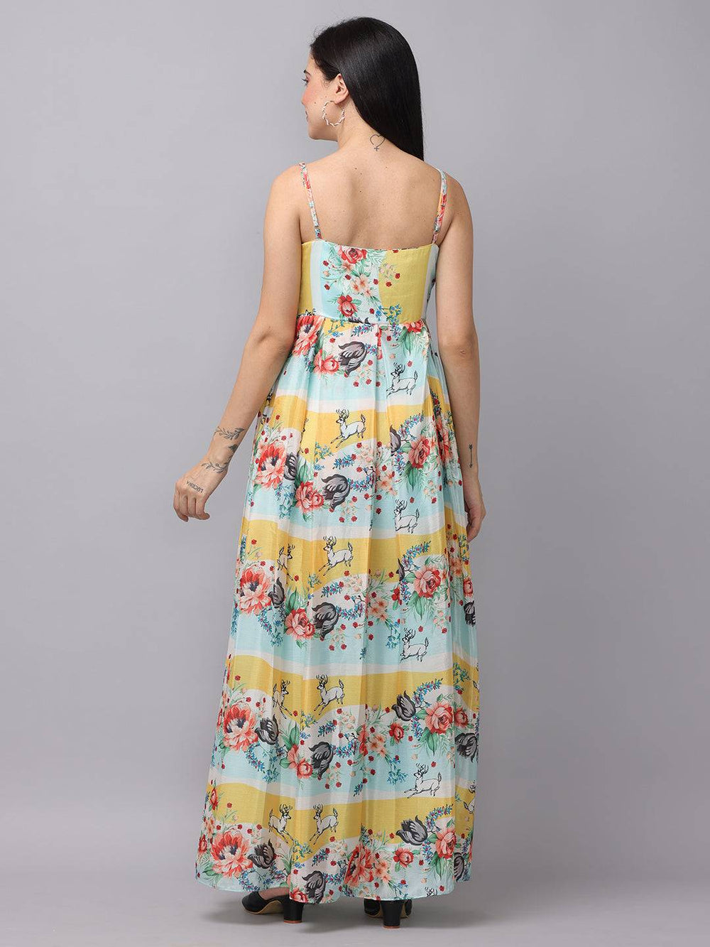 Chiffon print sleeveless dress with floral design, back view