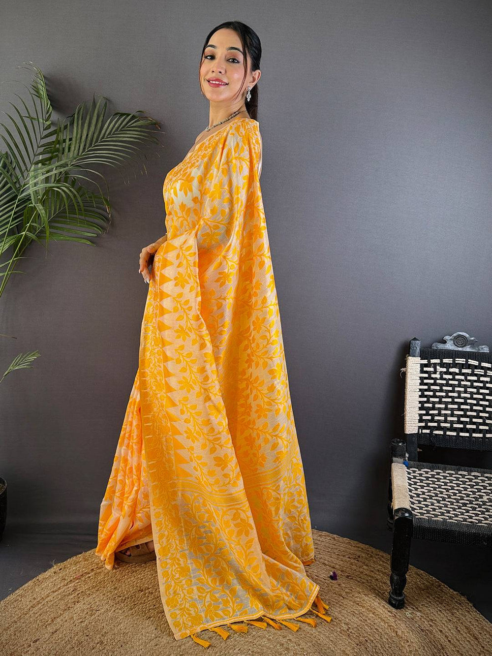 Bright Yellow Soft Cotton Silk Jamdani Saree