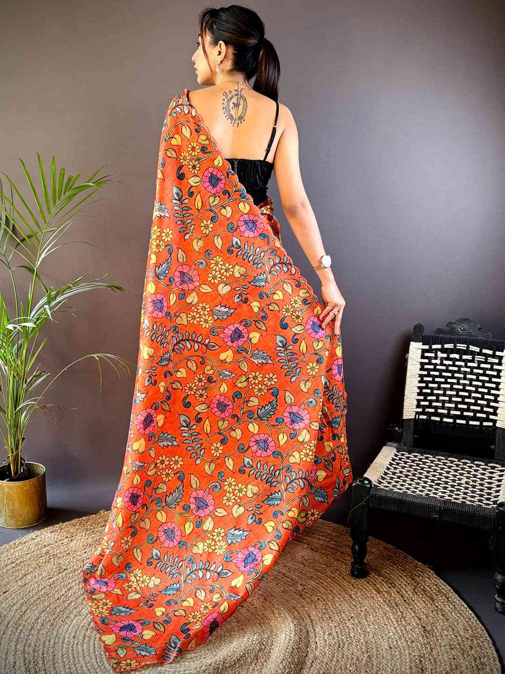 Orange Kota Doriya Kalamkari Saree