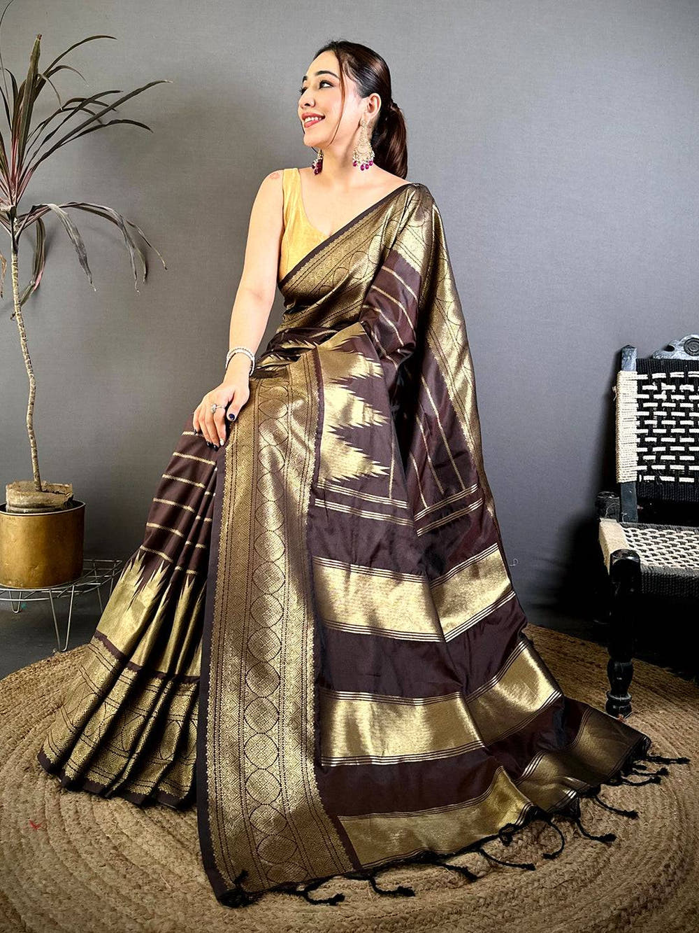 Wooden Brown Soft Silk Temple Border Saree