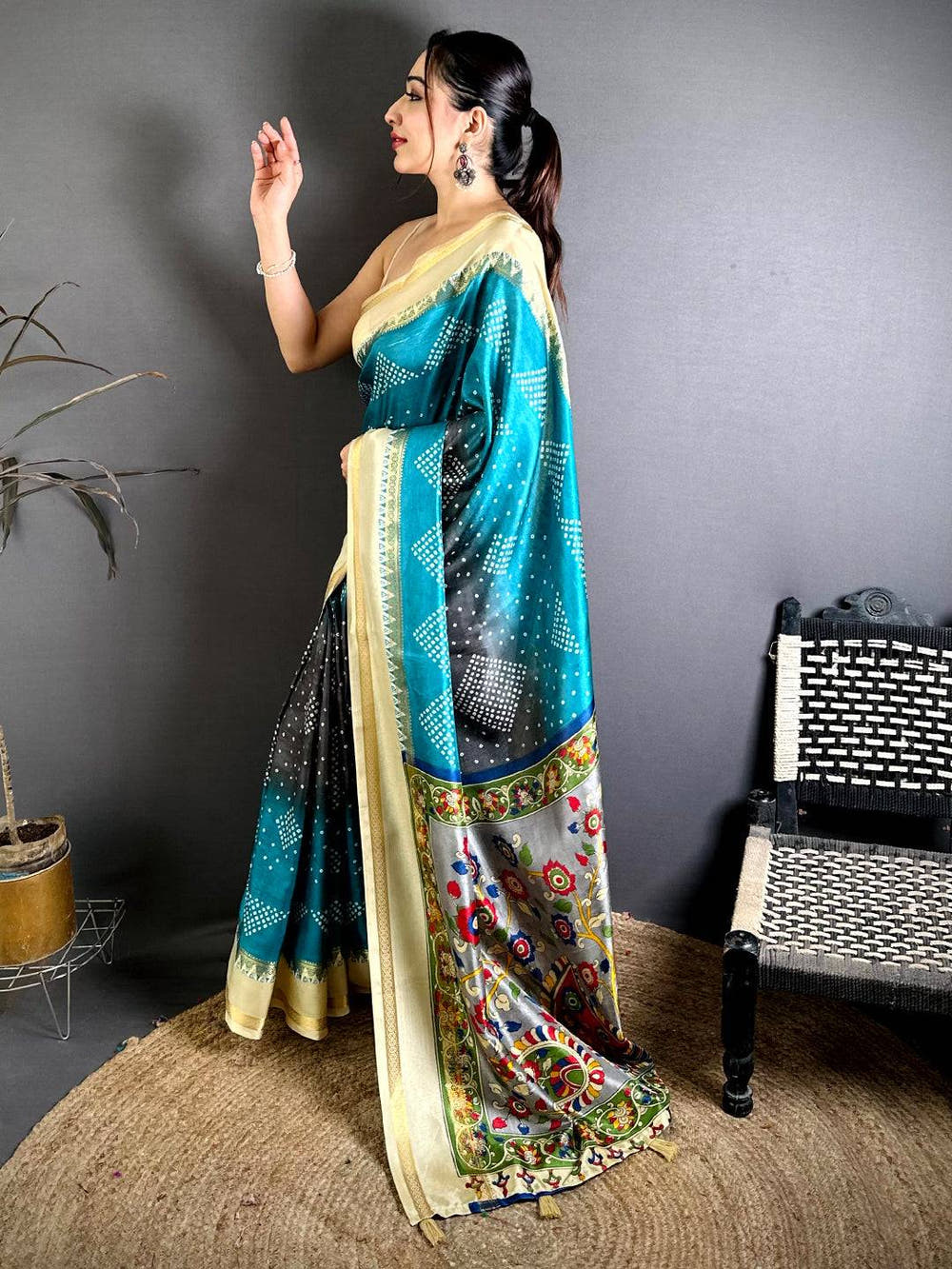 Royal Kalamkari Pallu Bandhej Print Saree