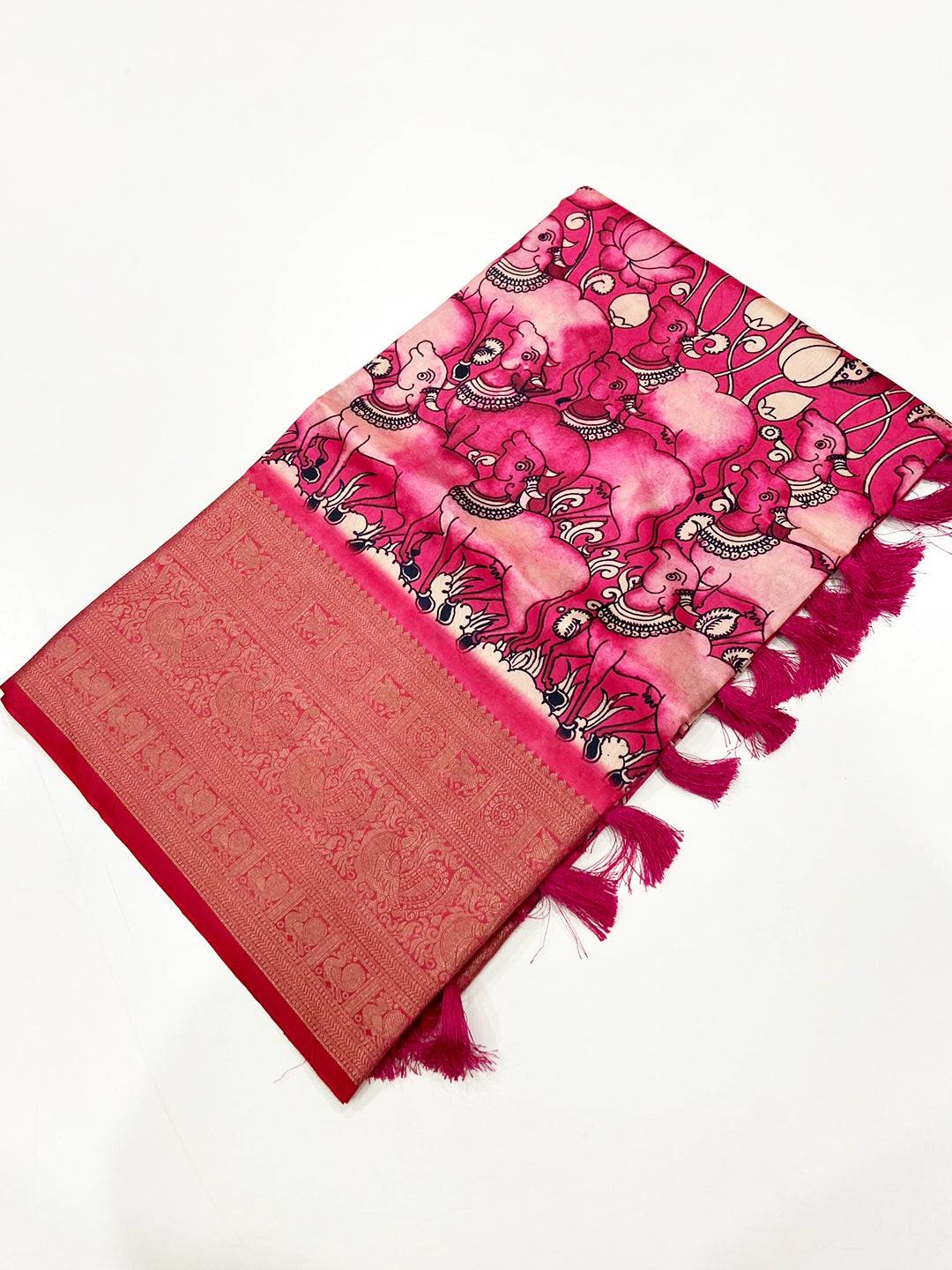 Bright Pink Digital Kalamkari Banarasi Saree
