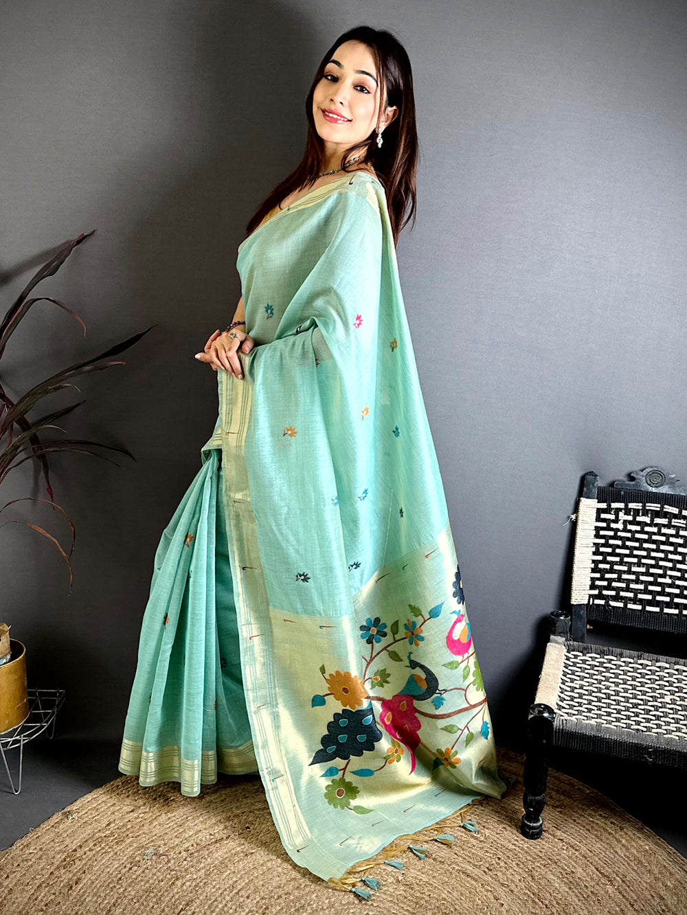 Sky Blue Munia Minakari Khadi Saree


