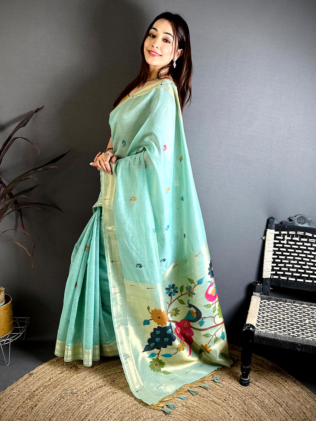 Sky Blue Munia Minakari Khadi Saree


