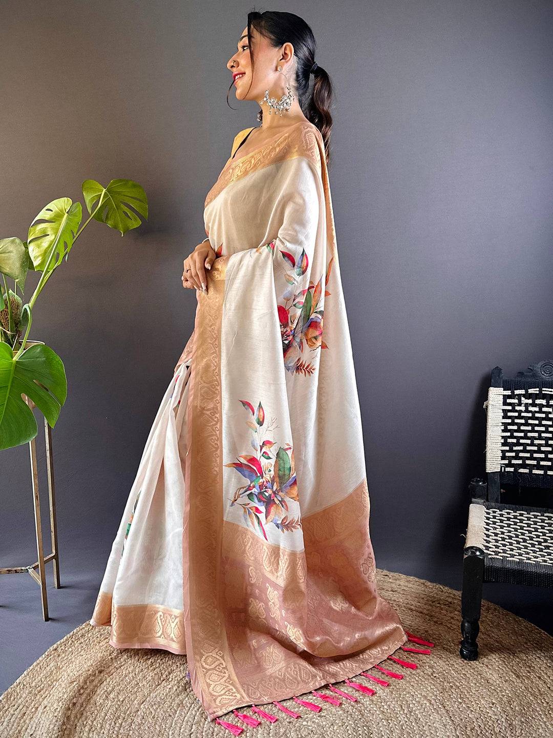 White Floral Cotton Rich Pallu Saree