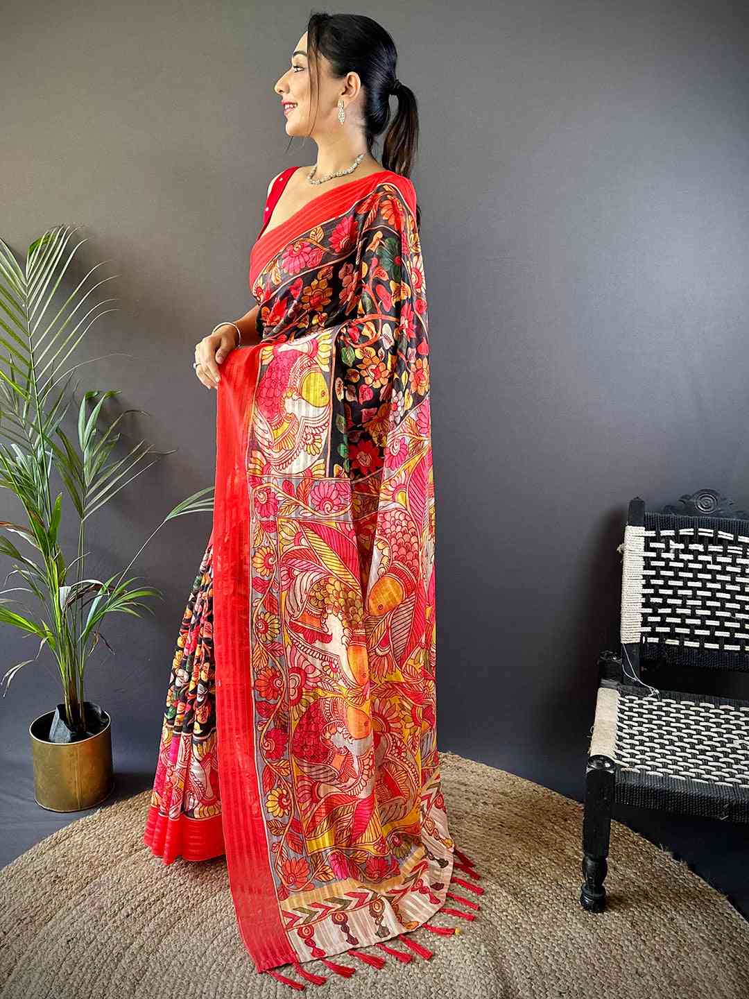 Side view of Raven Black Pen Kalamkari Linen Saree