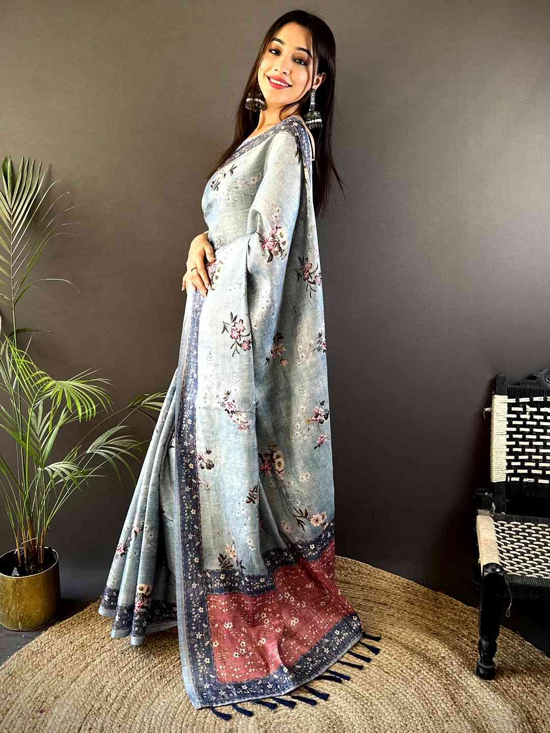 Pastel Blue Zari Tussar Floral Print Saree