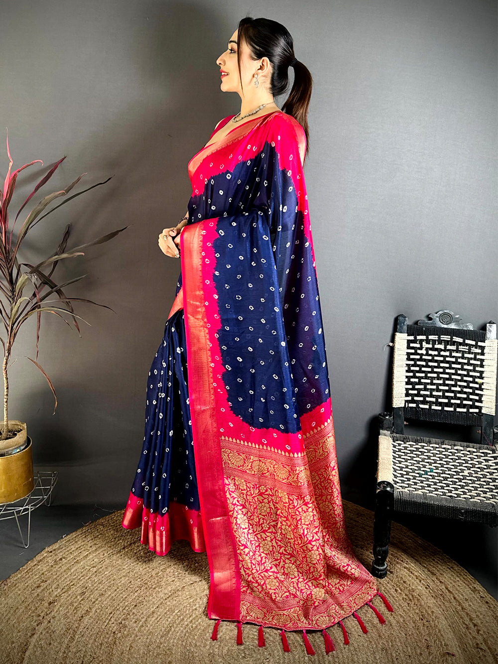 Navy Bandhej Printed Dola Silk Saree