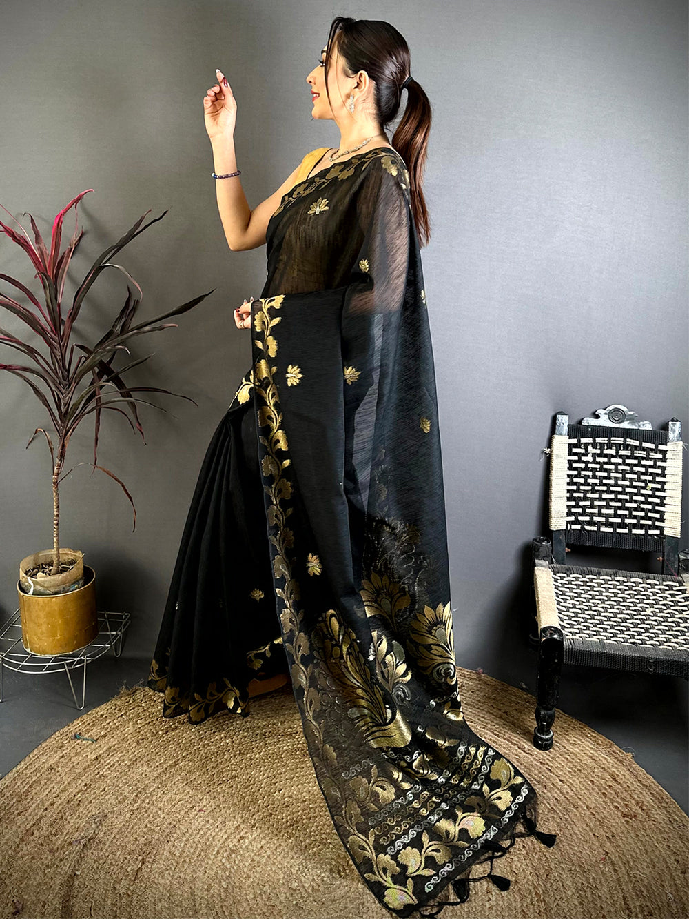 Black Peacock Zari Munga Saree