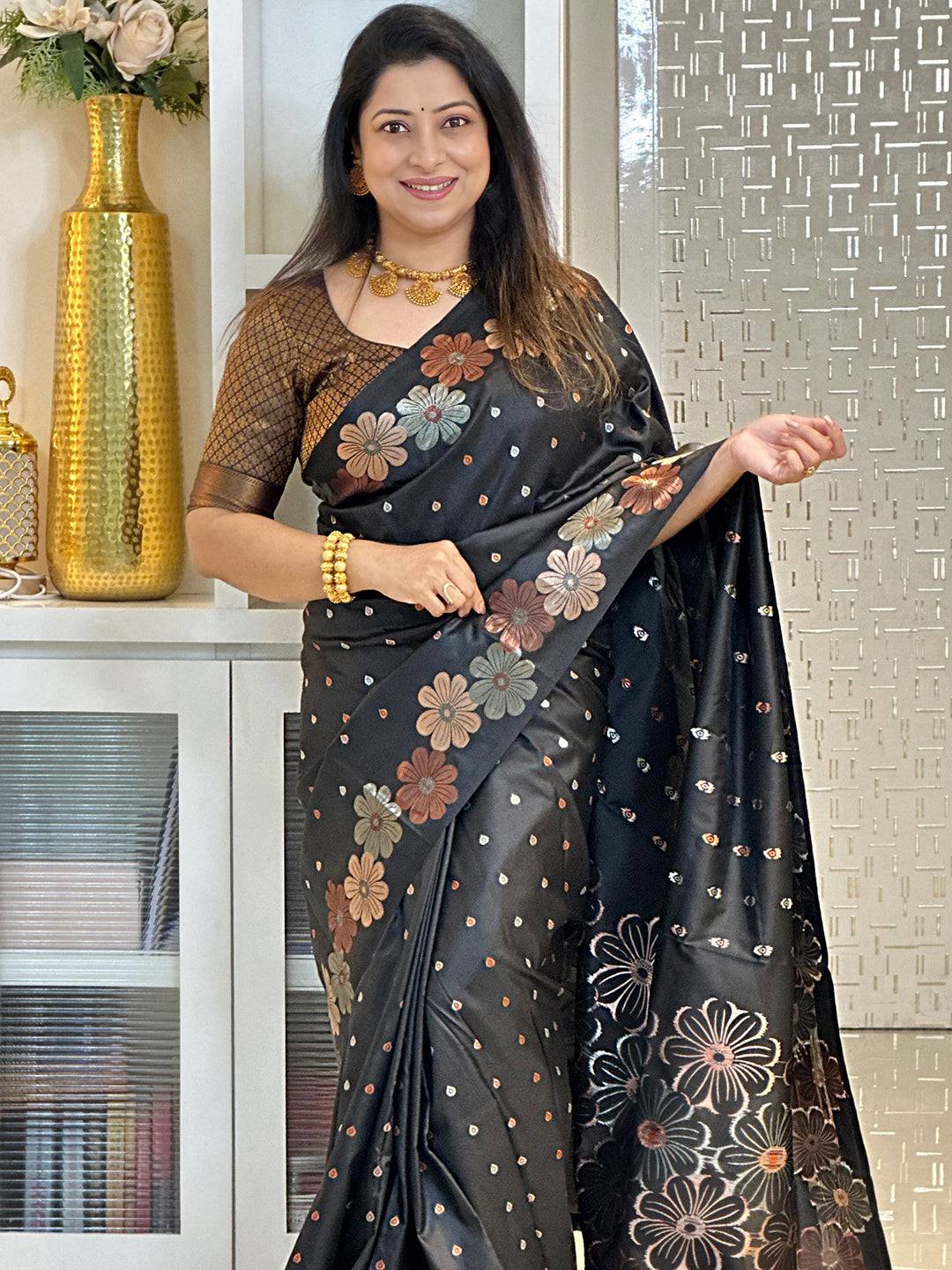 Black Colour Semi Soft Silk Zari Woven Saree With Running Blouse