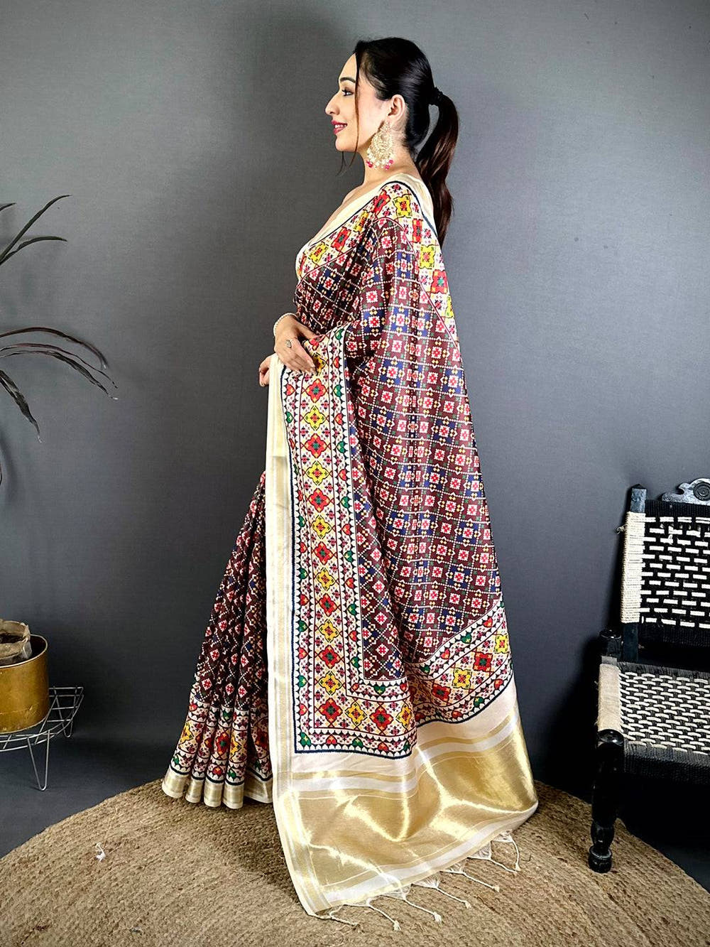 Maroon Ethnic Digital Ikkat Kanchi Saree