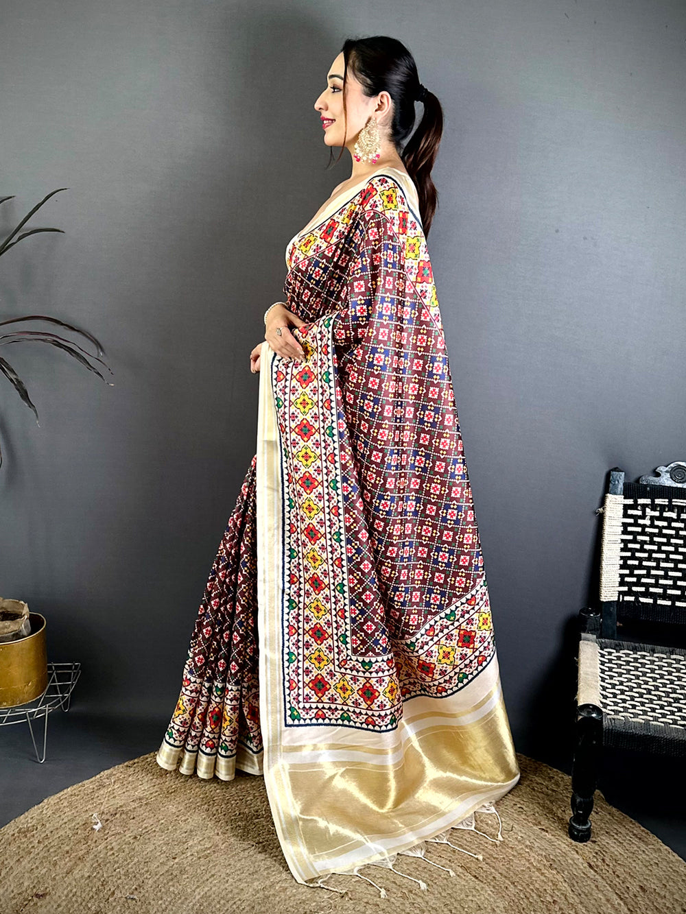 Maroon Ethnic Digital Ikkat Kanchi Saree