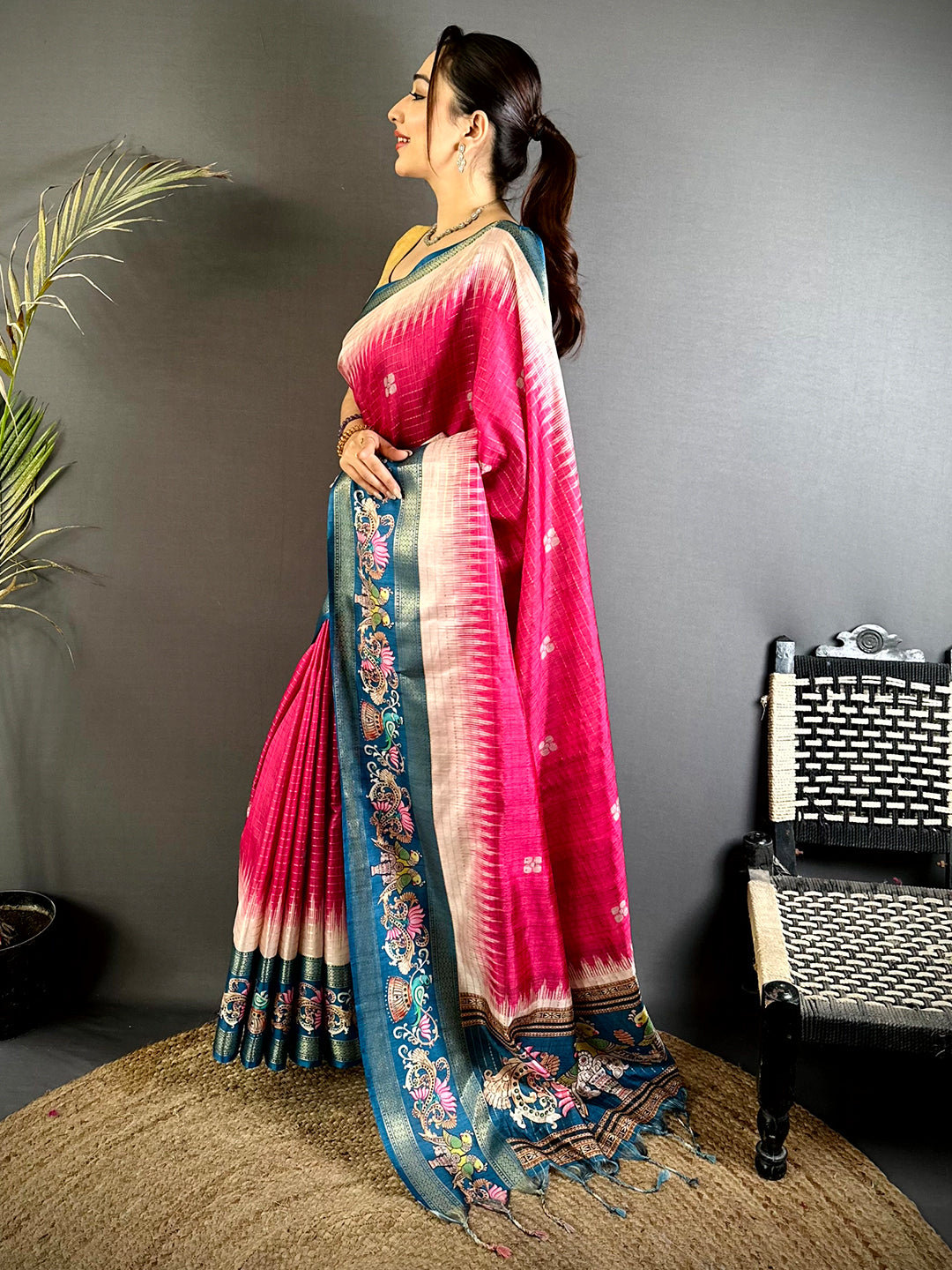 Pink Tanjore Art Semi Silk Saree