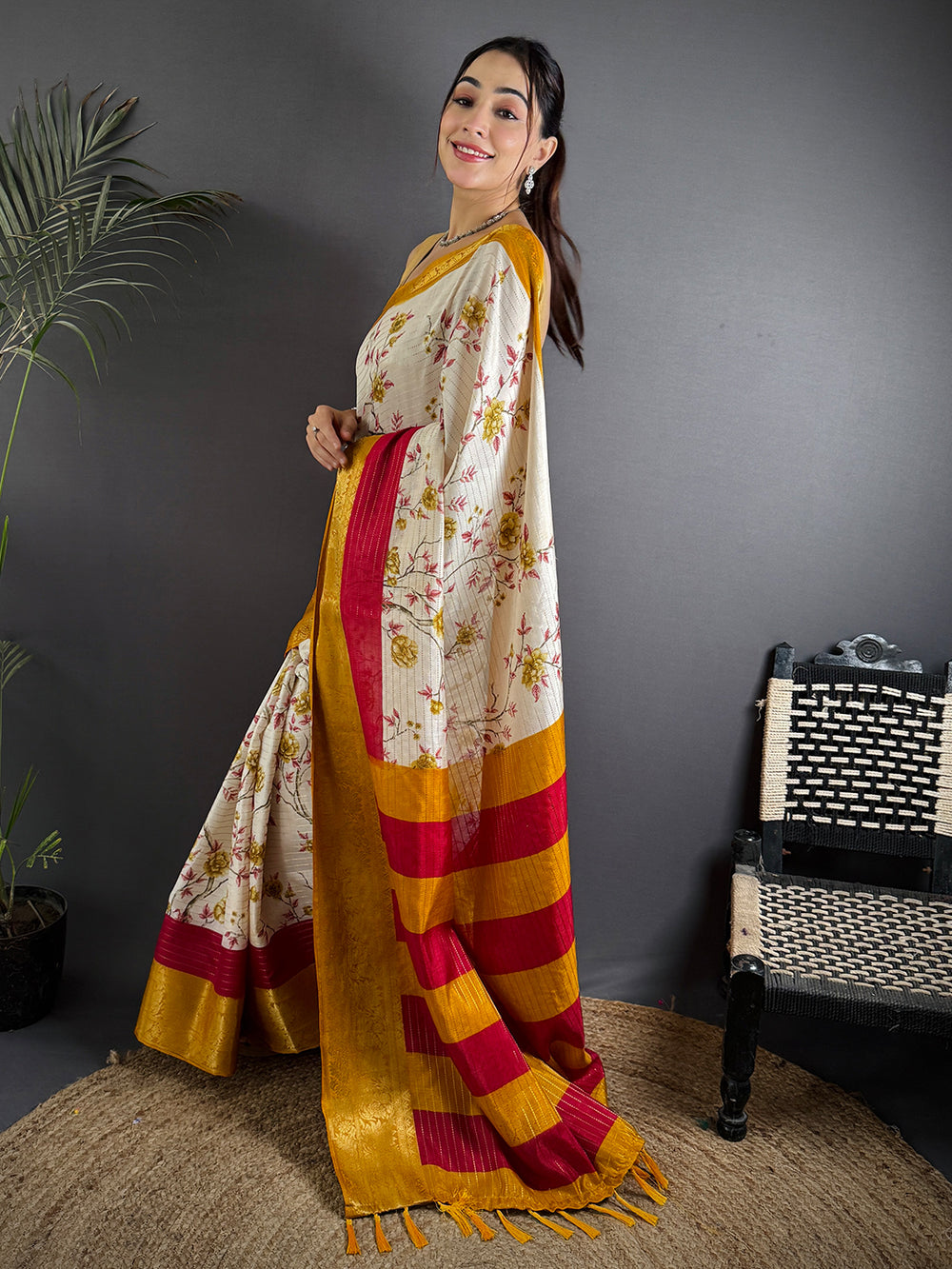 Yellow Soft Dola Silk Zari Katha Saree