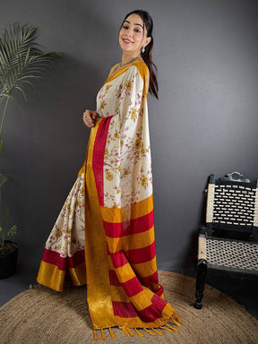 Yellow Soft Dola Silk Zari Katha Saree

