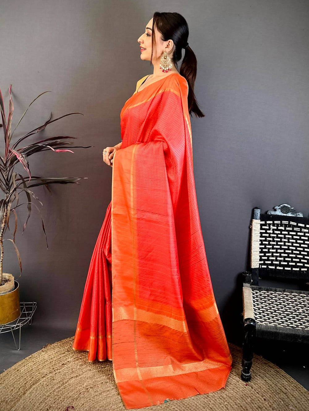 Deep Orange Tussar Gold Zari 1000 Butti Saree